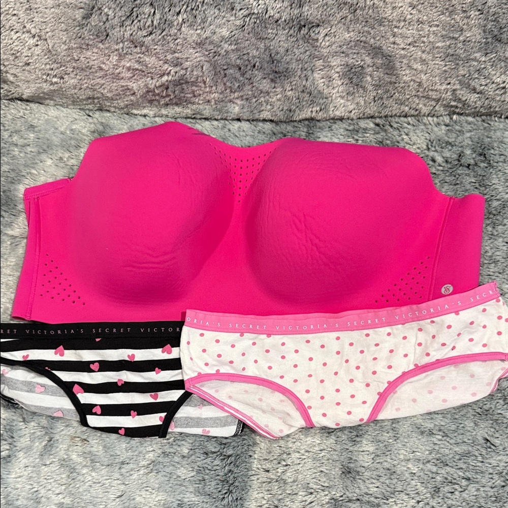 Victoria's Secret vivid  Hot Pink sports Bra with 2 cute Panty Sets